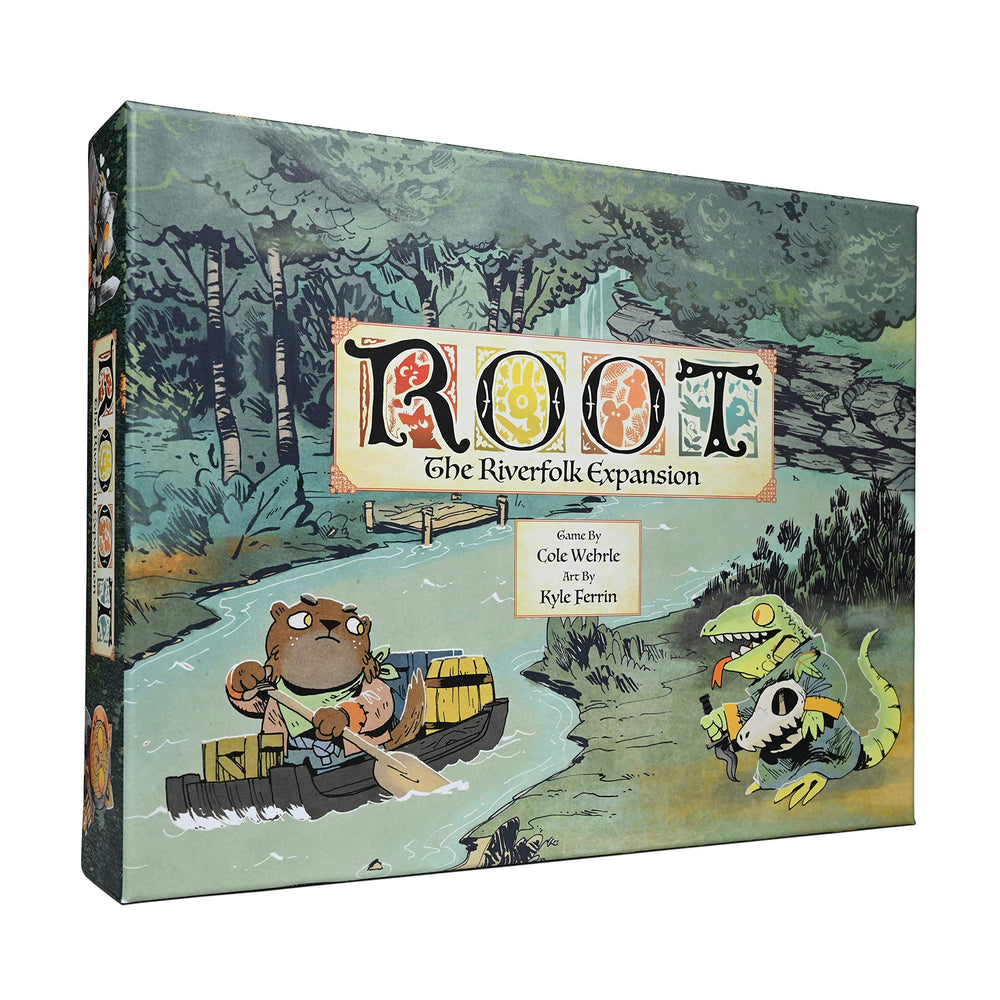 Leder Games Root Riverfolk Expansion box cover featuring vivid artwork