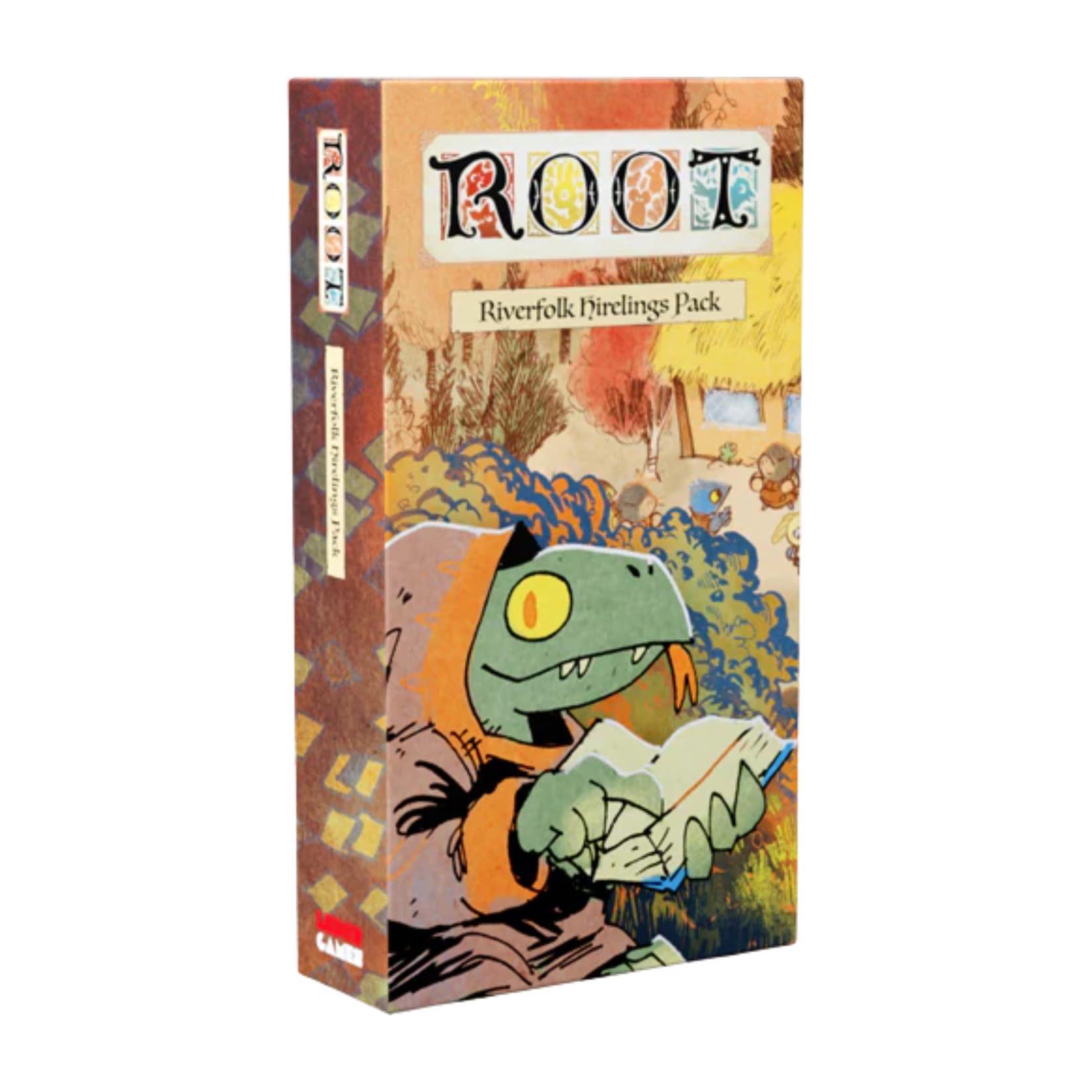 Leder Games Root Riverfolk Hirelings Pack box art highlights modular allies for richer setup.