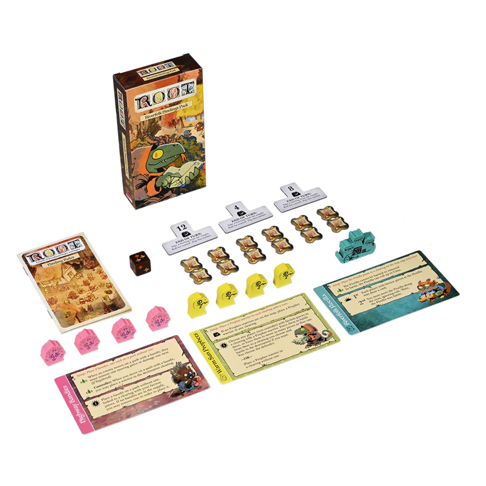 Leder Games Root Riverfolk Hirelings Pack on-map shows hirelings boosting tactical depth.