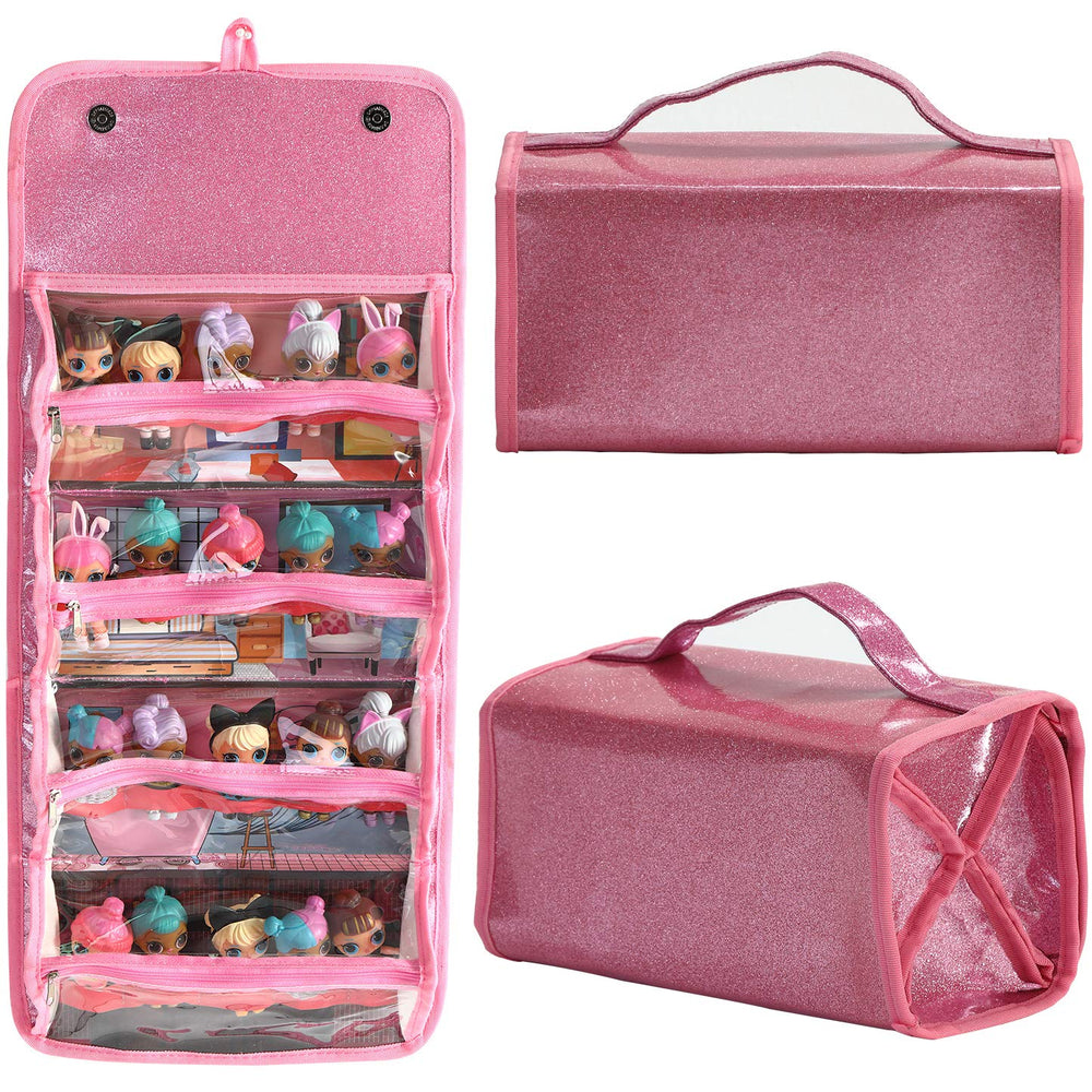 Leeche storage bag pink closed view showing organized toy storage on the go