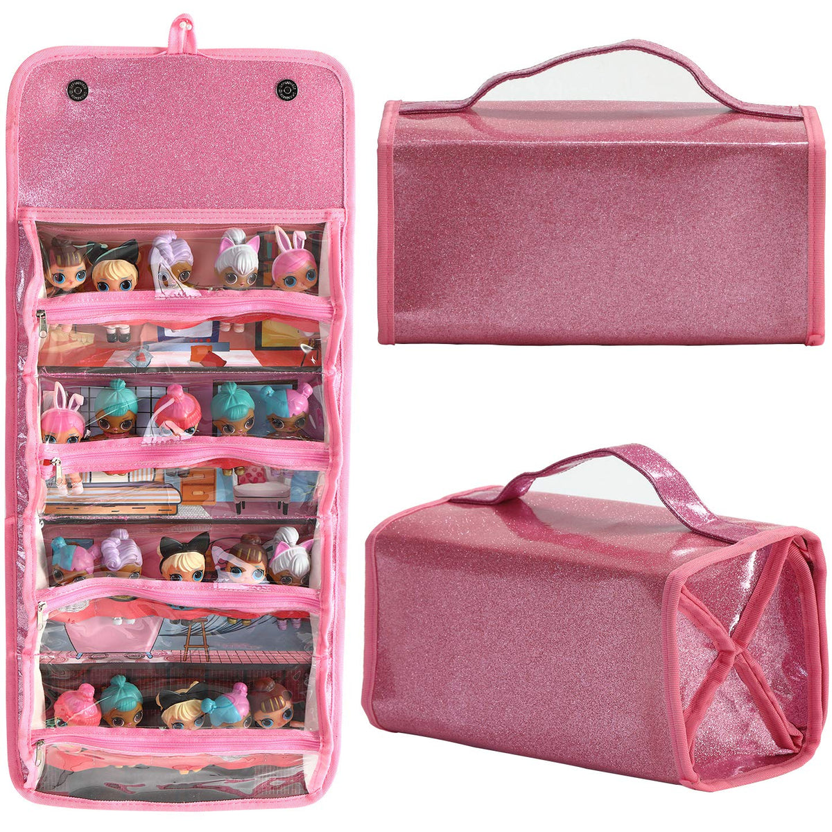 Leeche storage bag pink closed view showing organized toy storage on the go