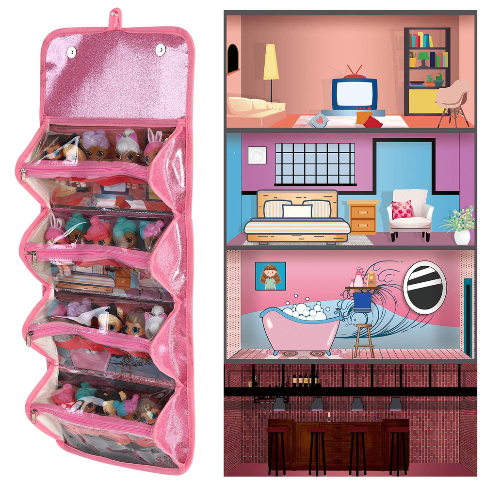 Leeche storage bag pink open view for quick access to dolls and accessories