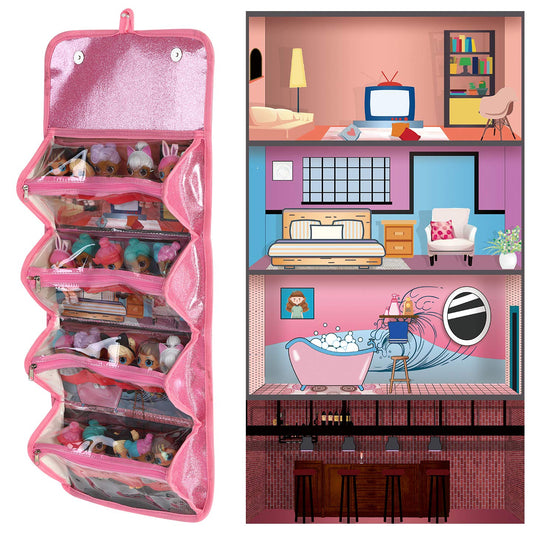 Leeche storage bag pink open view for quick access to dolls and accessories