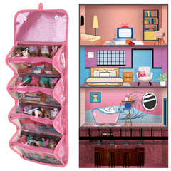Leeche storage bag pink open view for quick access to dolls and accessories
