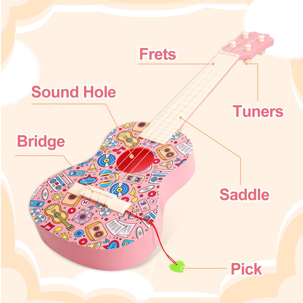 LeeQee 21in graffiti ukulele pink neck close-up demonstrates comfortable size