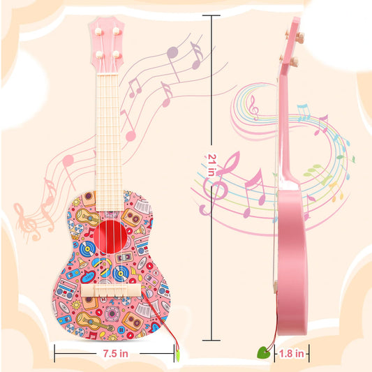 LeeQee 21in graffiti ukulele pink side view highlights portable, kid-ready instrument