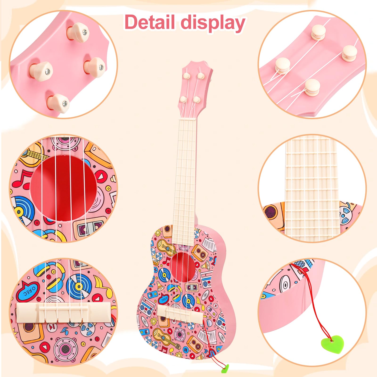 LeeQee 21in graffiti ukulele pink strings close-up emphasizes nylon-tuned playability