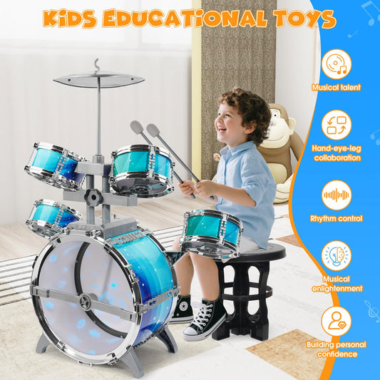 LeeQee bass drum with foot pedal supports rhythmic practice for toddlers and kids.