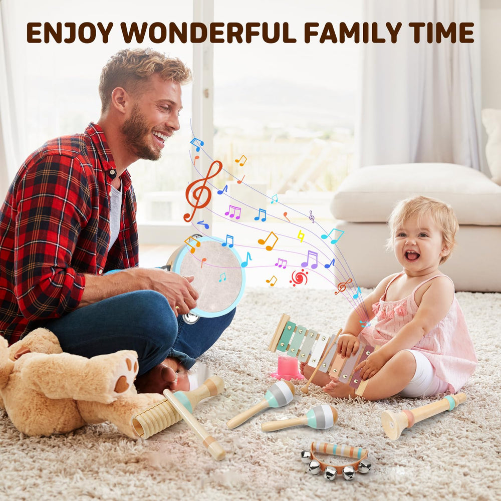 LeeQee toddler percussion set fosters rhythmic exploration and coordination.