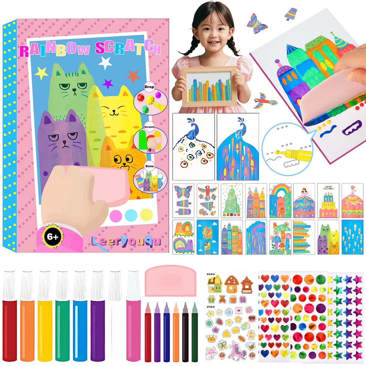 LEERYOUQU Squeegee Art Kit rainbow scratch art reveals vibrant colors during creative play.