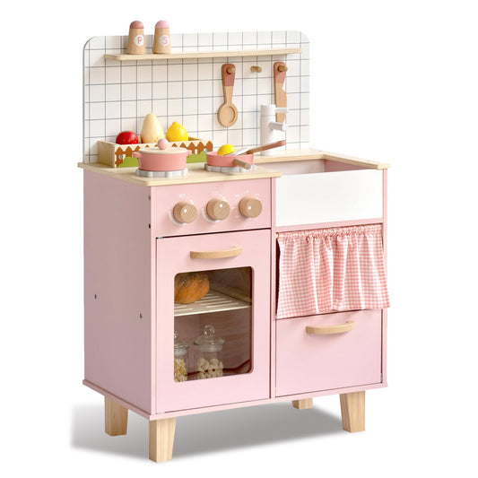 Leeshyah pink wooden play kitchen with stove top encouraging imaginative cooking play.
