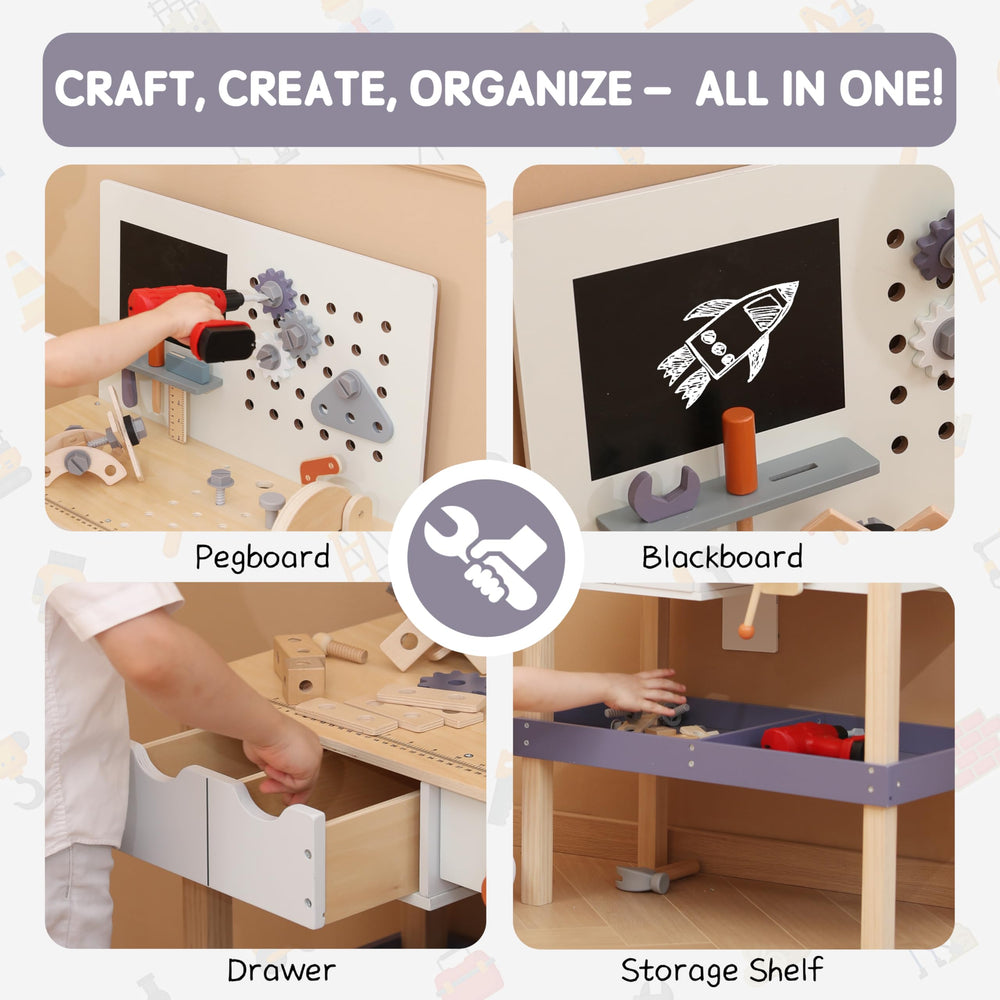 Leeshyah tool bench with storage drawers helps keep tools organized during play