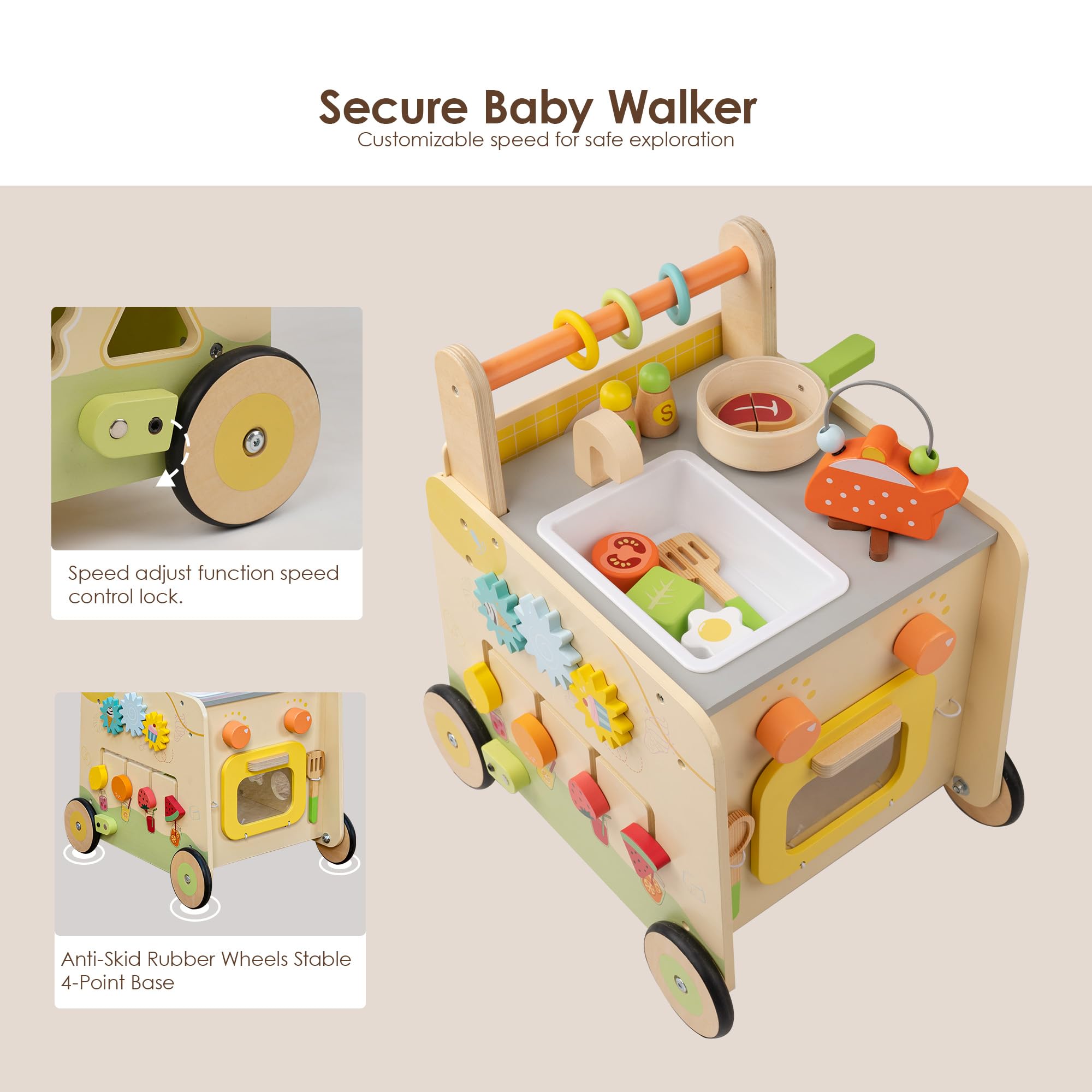Leeshyah wooden walker includes gears and activities to boost problem solving.
