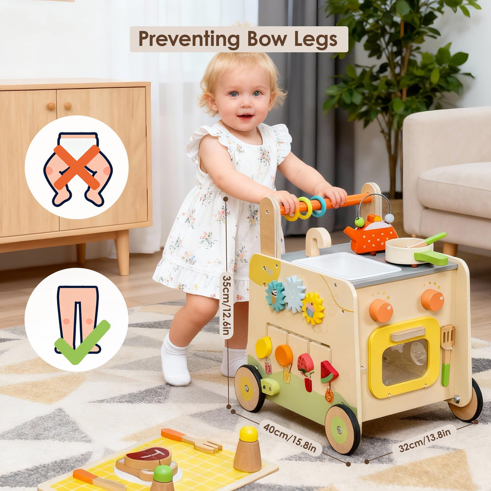 Leeshyah wooden walker with pretend kitchen encourages imaginative play and routines.