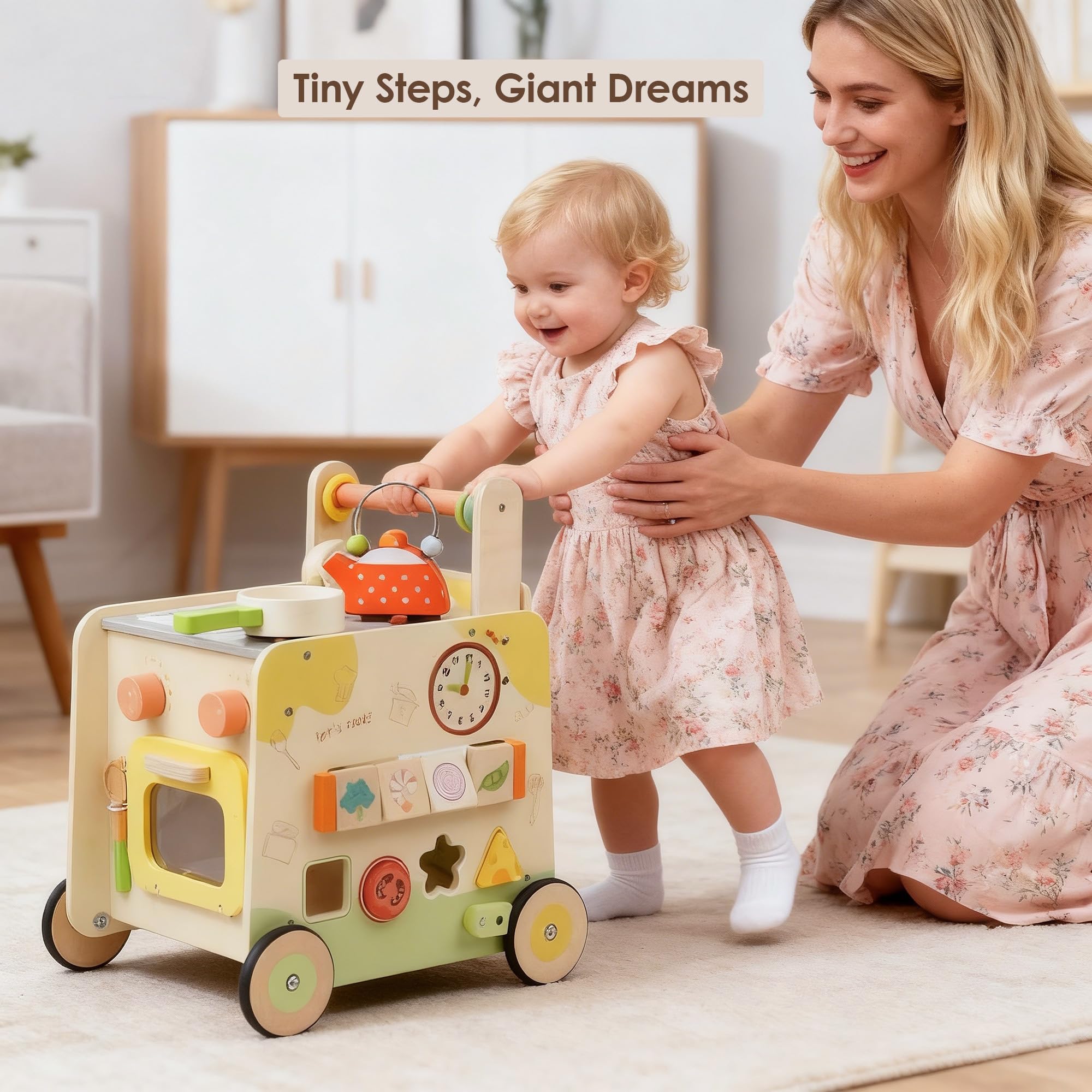 Leeshyah wooden walker safety features include a stable frame and non-slip wheels.