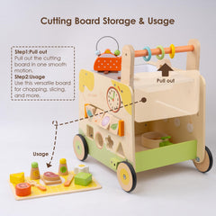 Leeshyah wooden walker offers shape sorting blocks for fine-motor skills.