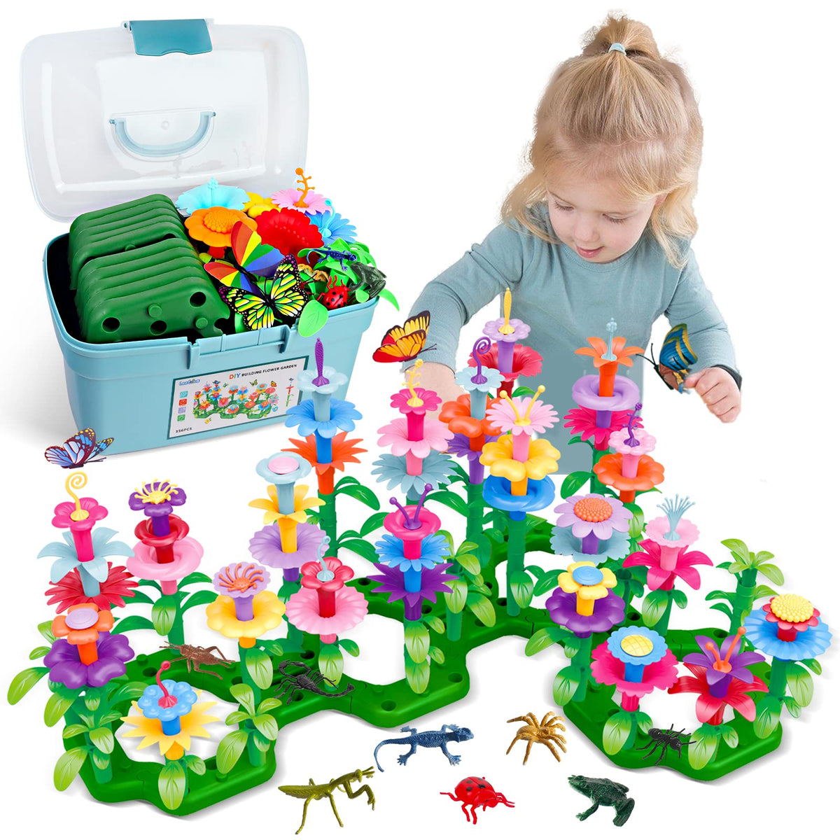 Leetous 156pcs flower pieces showcased for colorful garden building and imaginative play.
