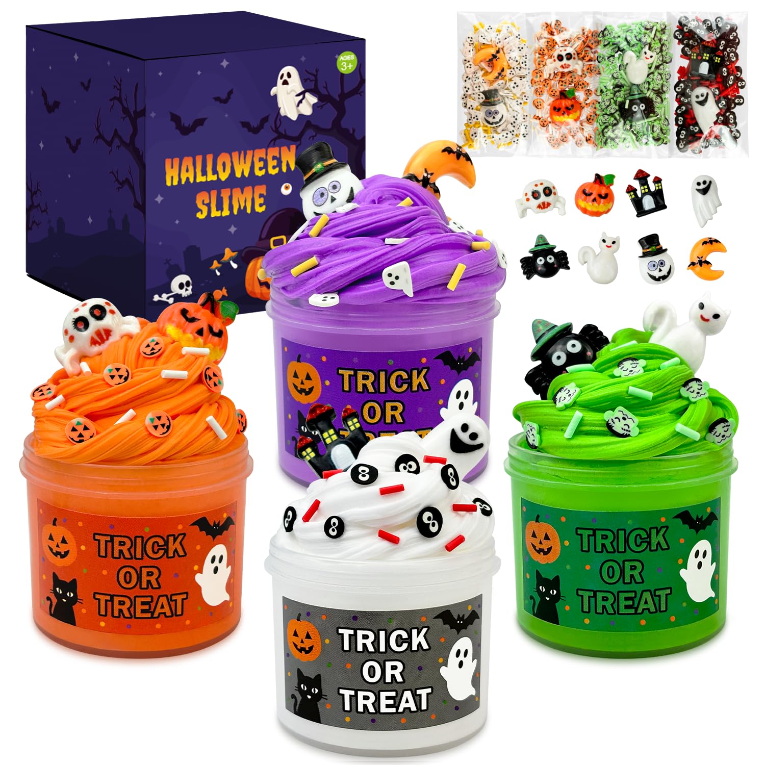 Leetous Halloween slime kit colors show purple, green, white, and orange for vibrant DIY fun.