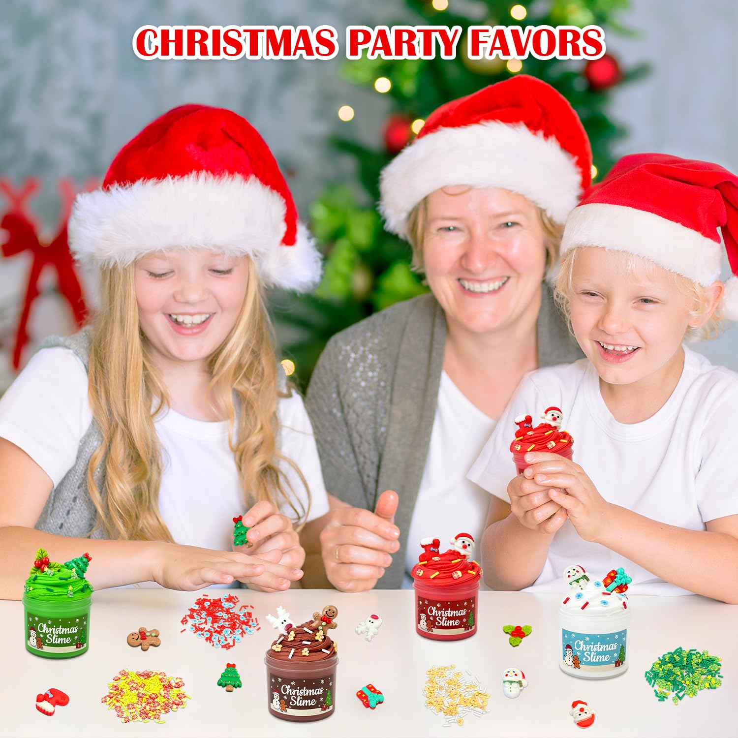 Leetous slime charms featuring Santa and stockings for seasonal sensory fun