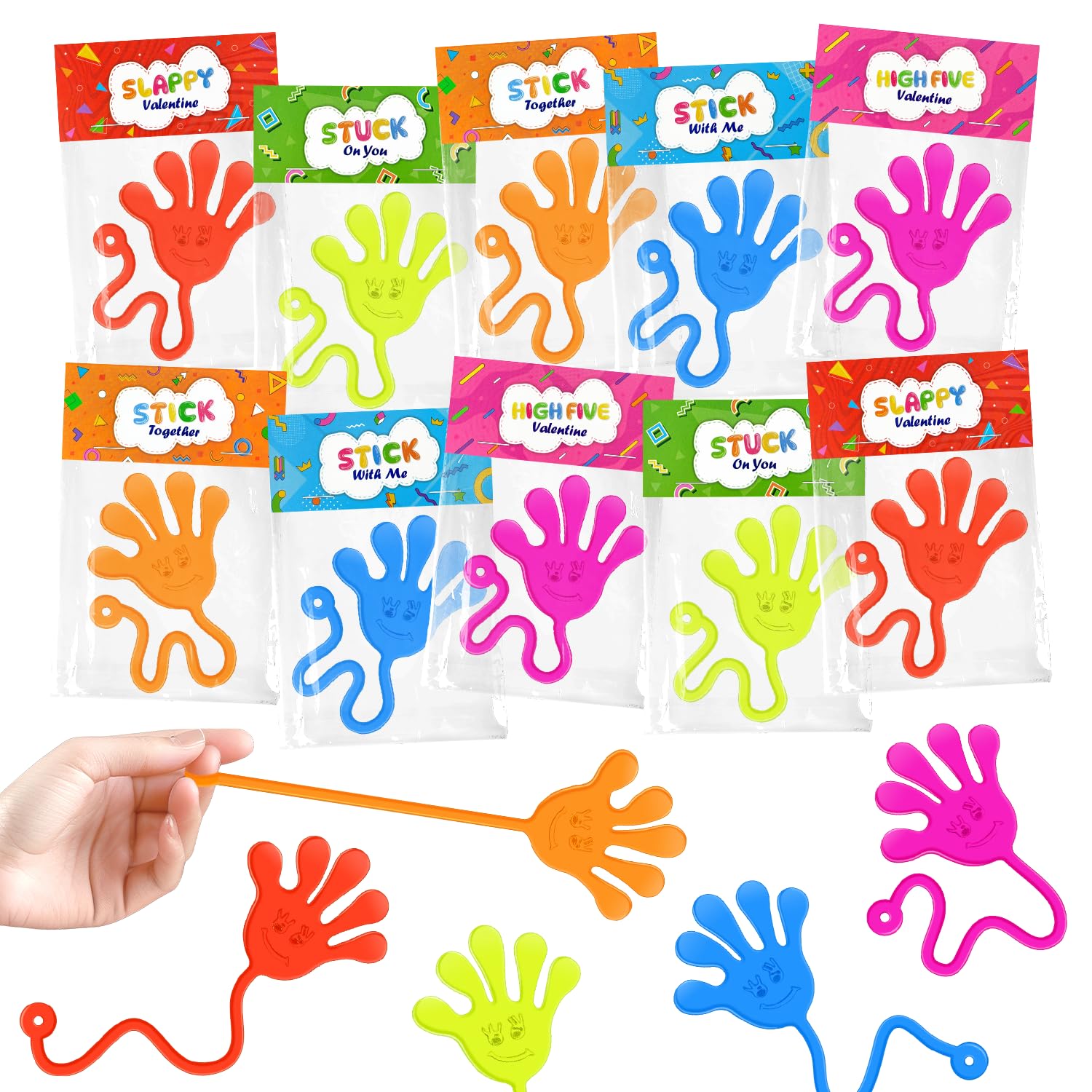 Leetous Valentines sticky hands with cards offer mess-free classroom fun.