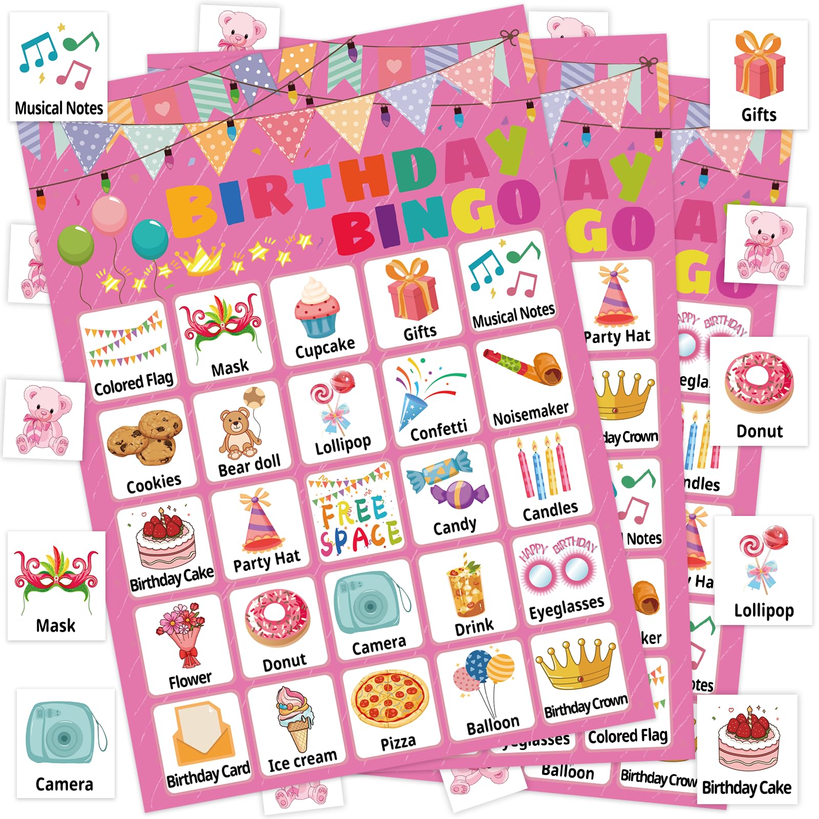 Leezead birthday bingo cards showcase vibrant pink designs for lively party play.
