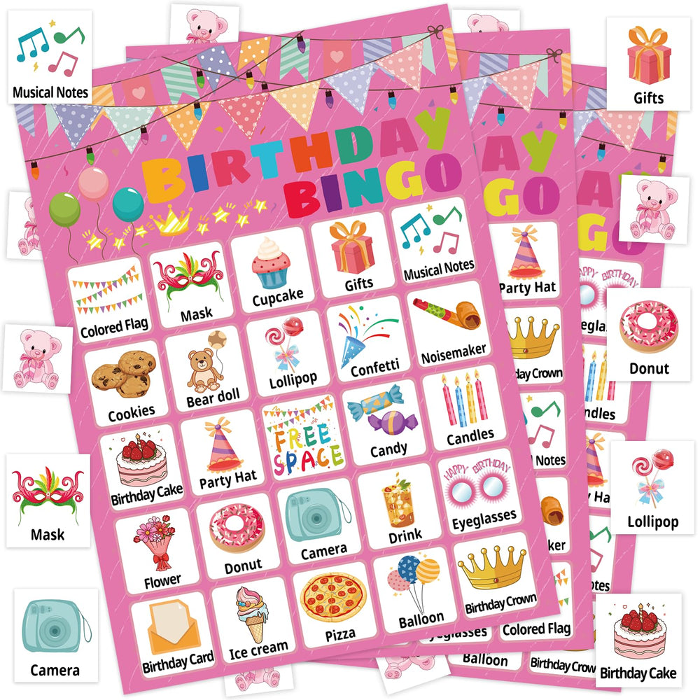 Leezead birthday bingo cards showcase vibrant pink designs for lively party play.