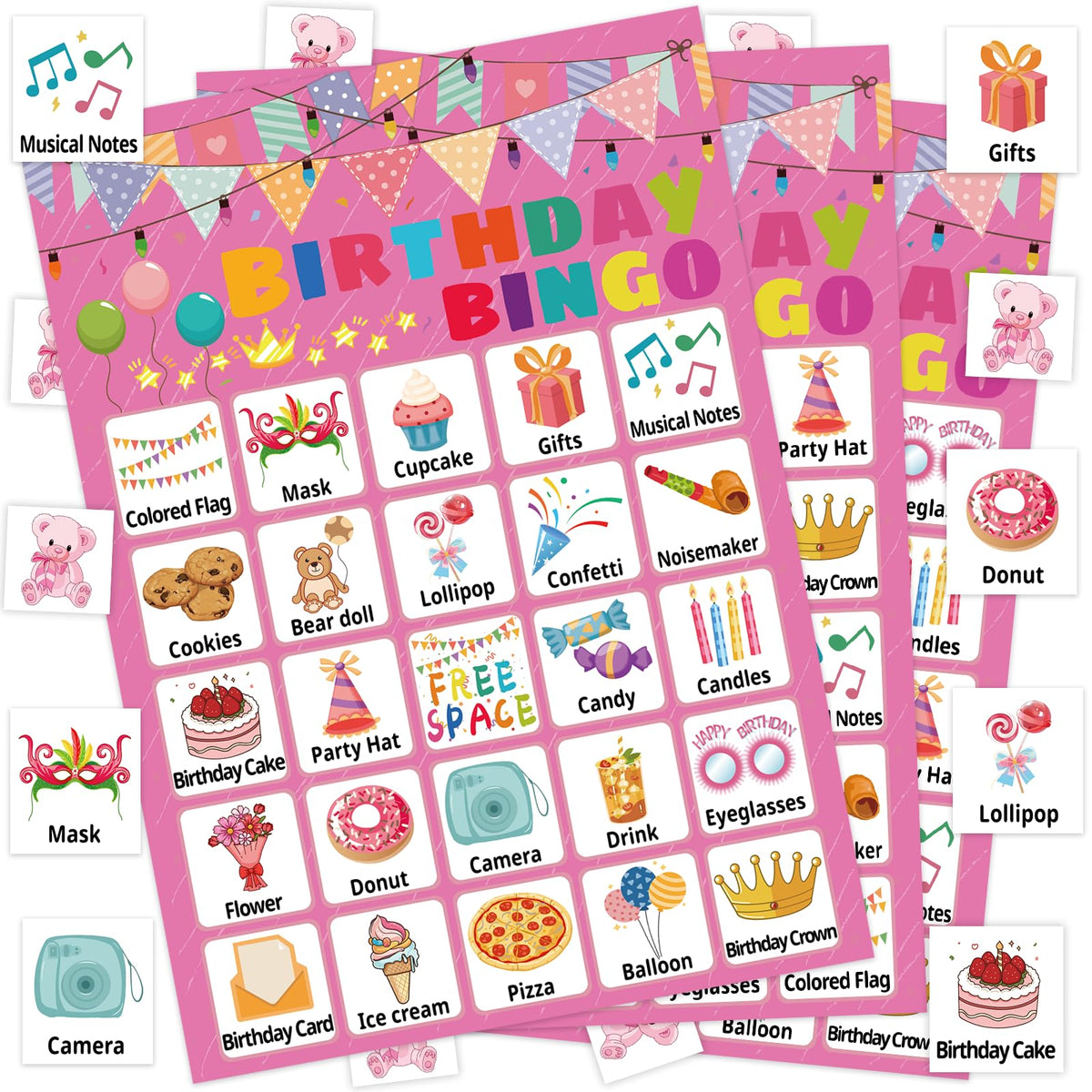 Leezead birthday bingo cards showcase vibrant pink designs for lively party play.