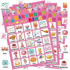 Leezead birthday bingo cards showcase vibrant pink designs for lively party play.