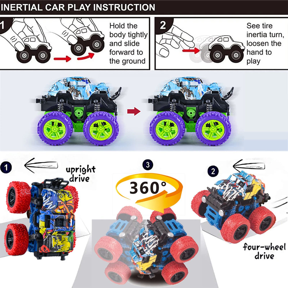 LEFEI Monster Trucks 4-pack side-angle showcases durable build for indoor and outdoor play