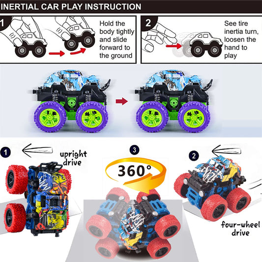 LEFEI Monster Trucks 4-pack side-angle showcases durable build for indoor and outdoor play