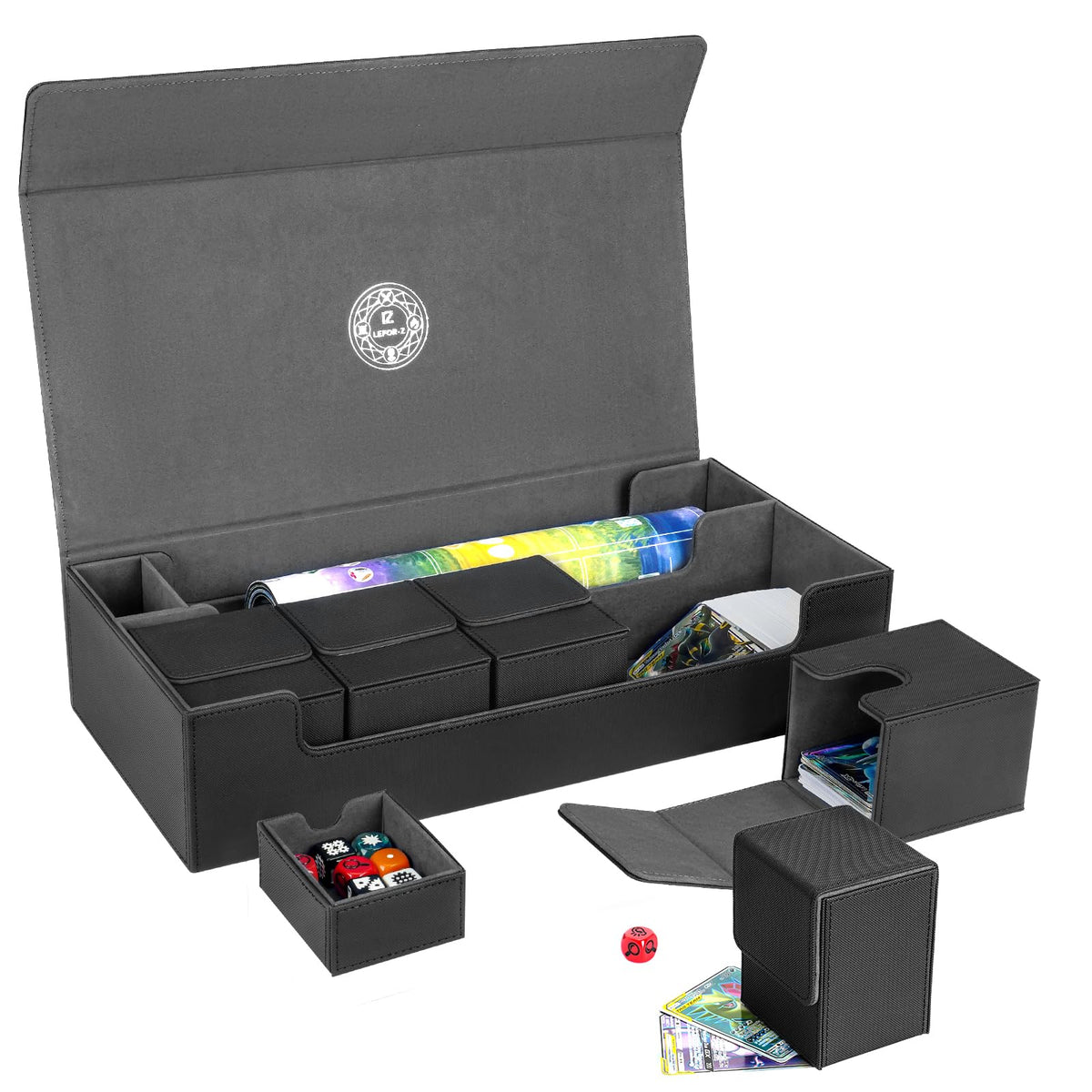 LEFOR·Z 6in1 large deck box shows secure storage for MTG cards and accessories.