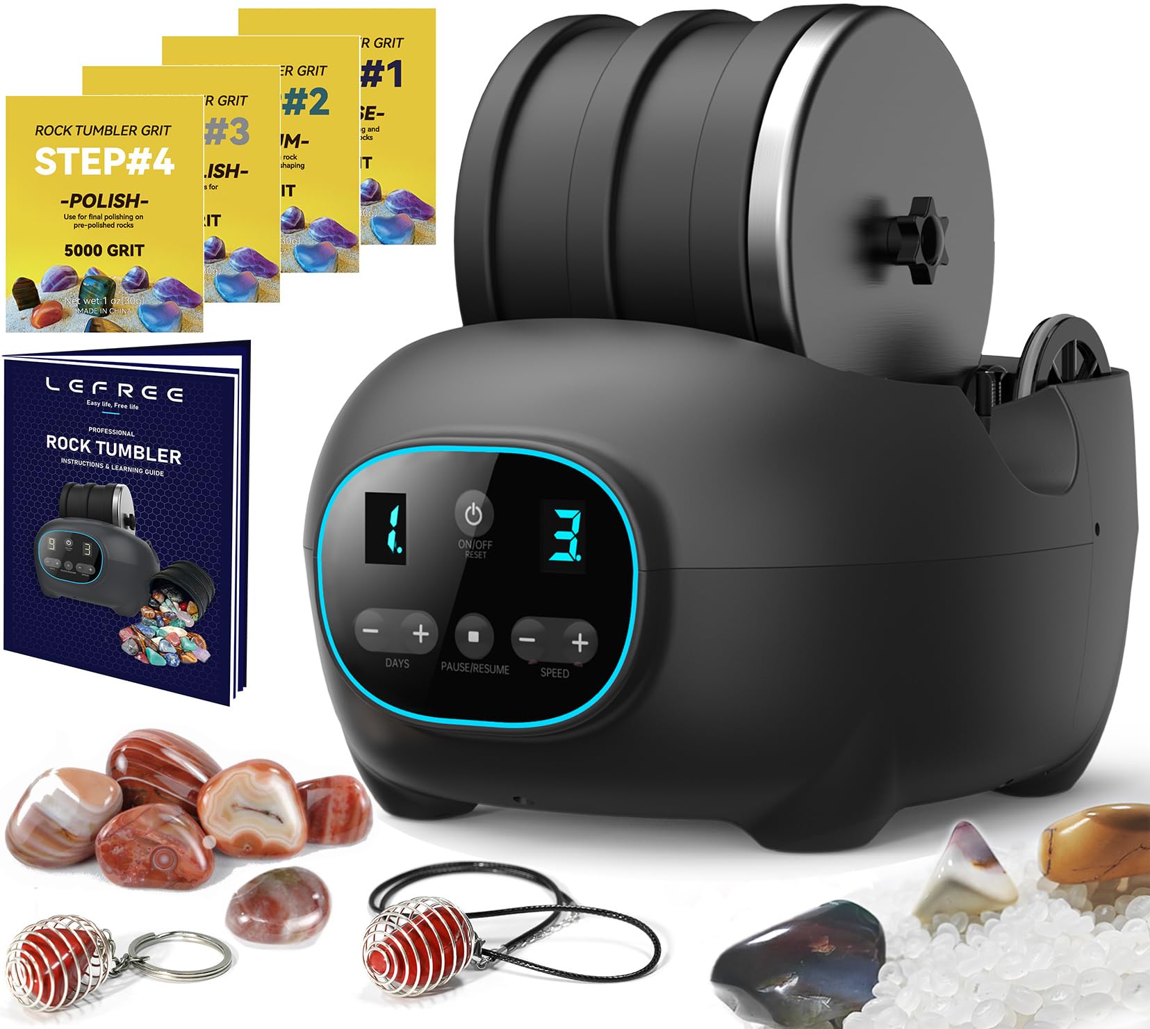 Lefree Store Rock Tumbler Kit packaging, ready for fun DIY gemstone polishing projects.