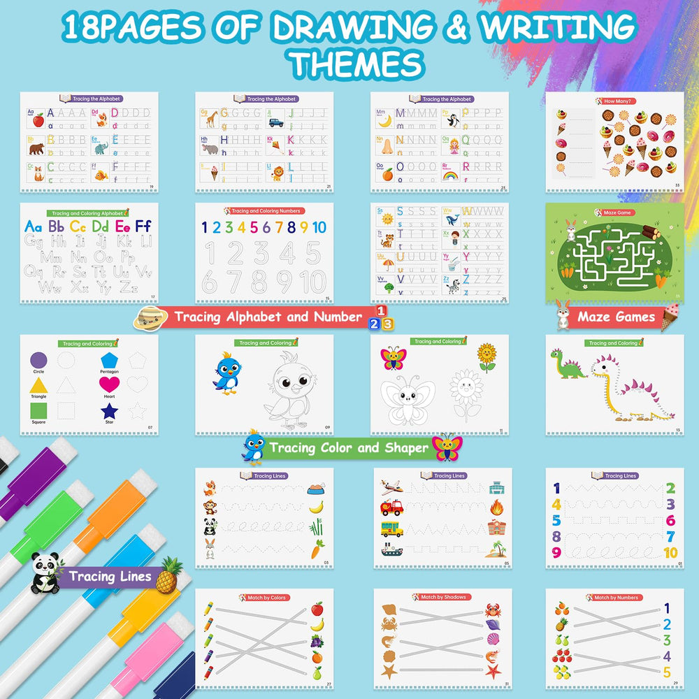 LeftBC Busy Book 36-theme pages highlight recognition, tracing, and coloring activities