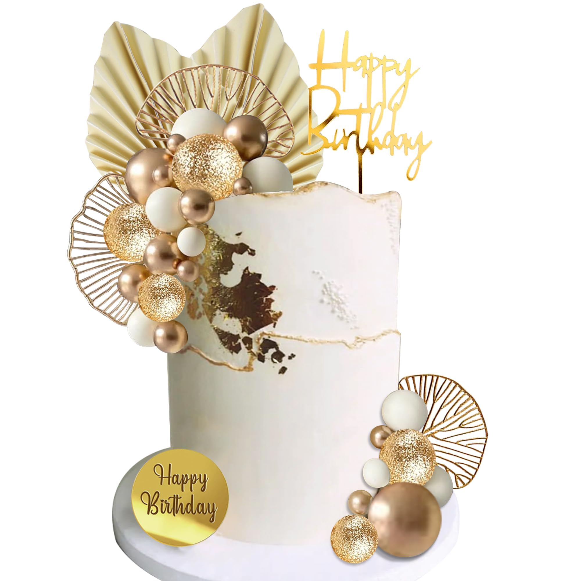 LEFUBABY white gold balls cake topper enhances elegant birthday cakes.