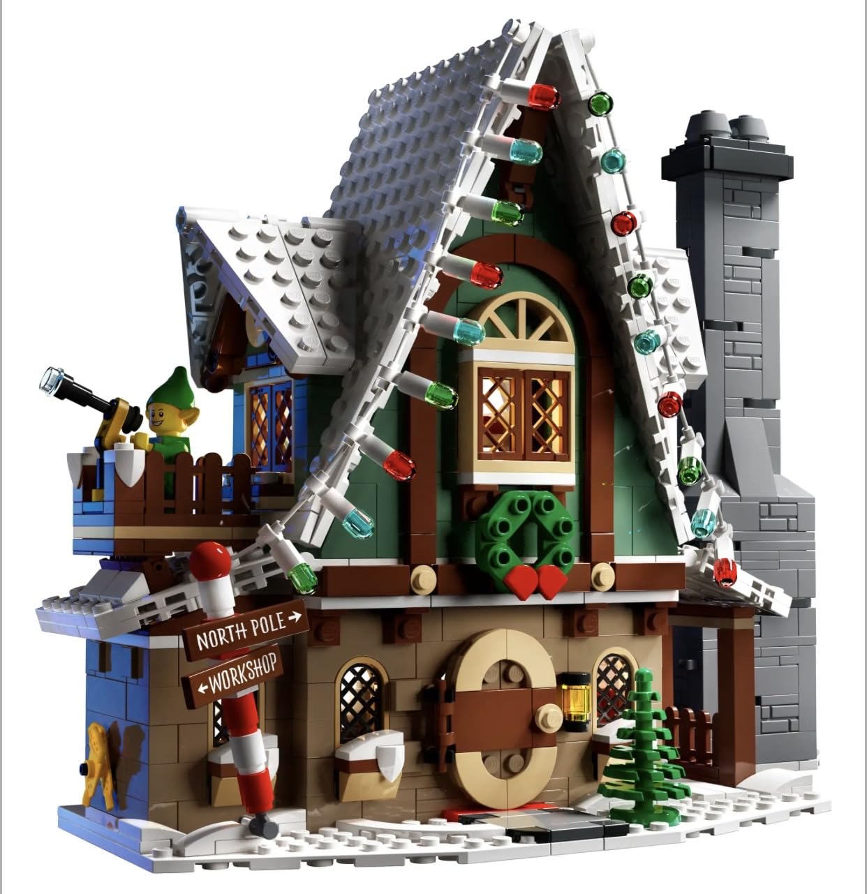 LEGO 10339 Santa's Post Office Santa study with fireplace sparks imaginative storytelling.