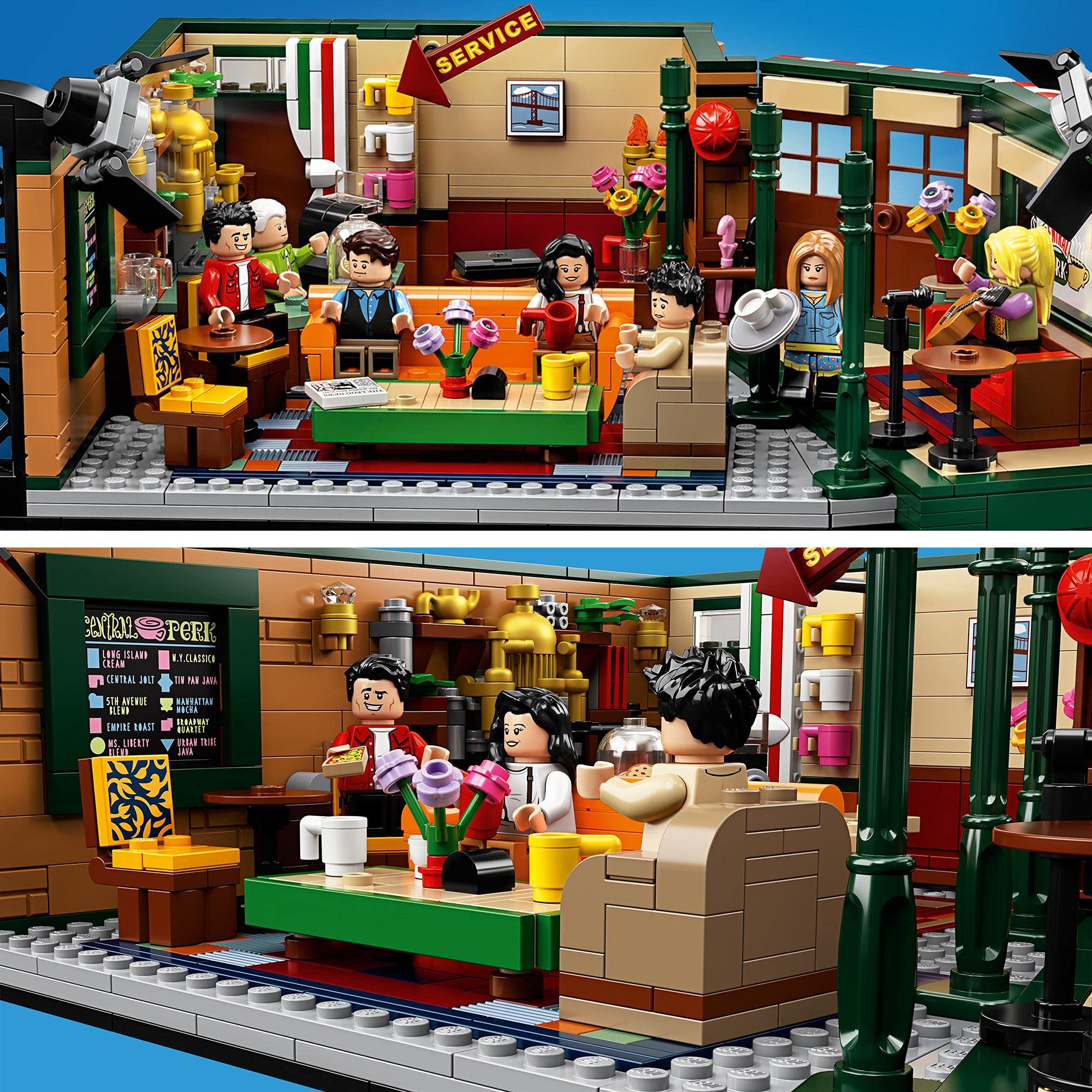 LEGO 21319 Central Perk wall decor and furniture enhance display realism.