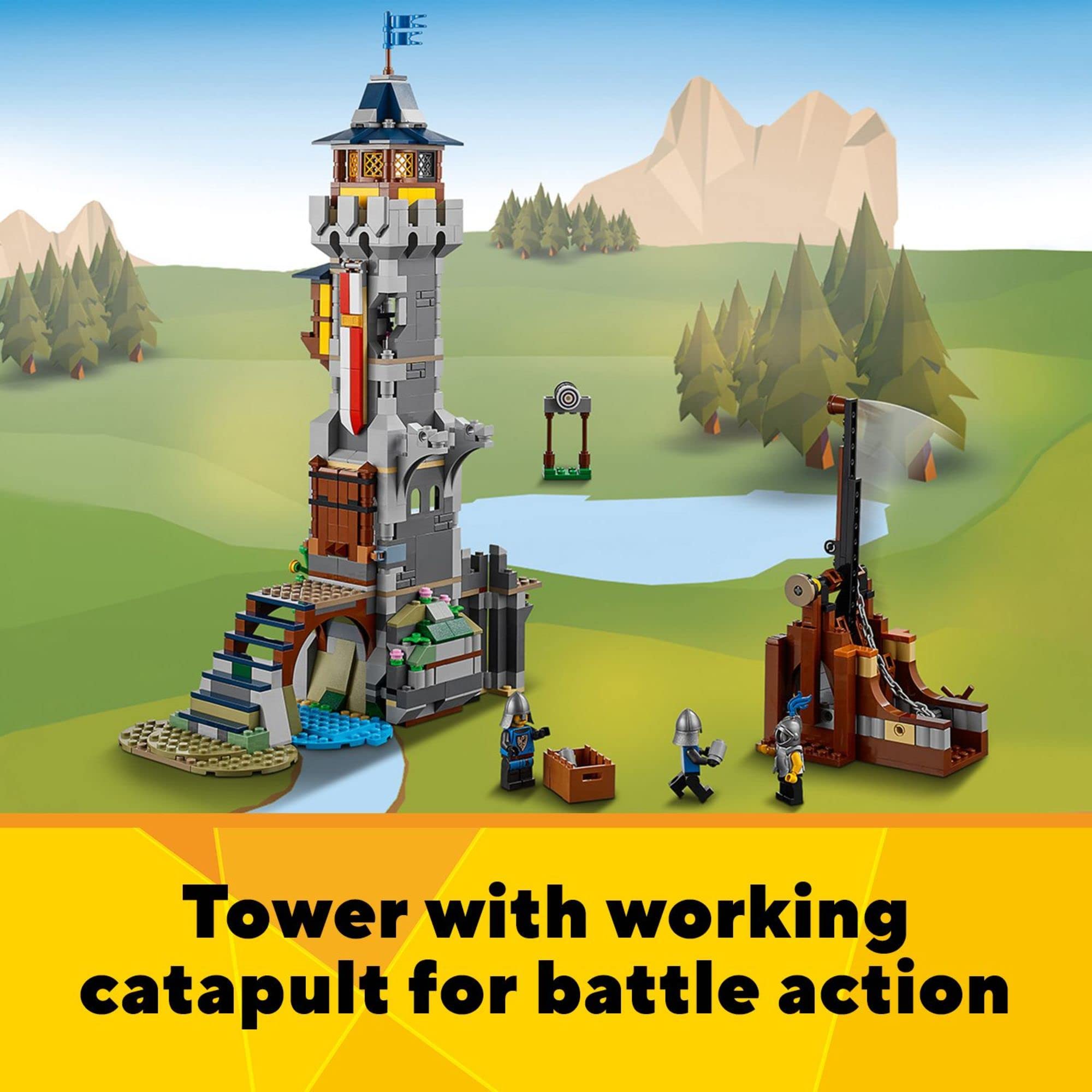 LEGO 31120 water mill and catapult boost dynamic siege and trade scenes.