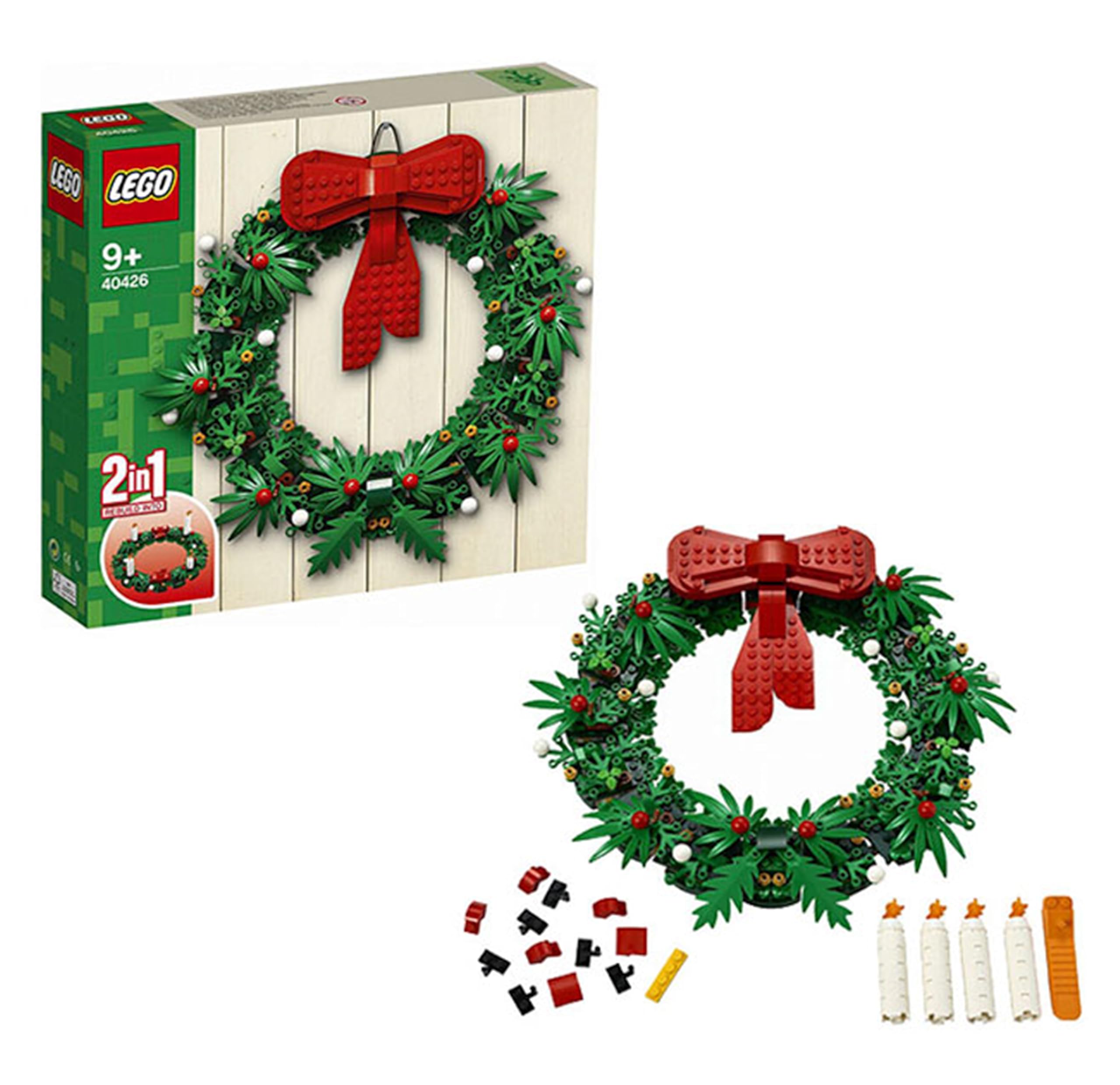 LEGO 40426 Christmas garland close-up showing red and green bricks for festive decor.