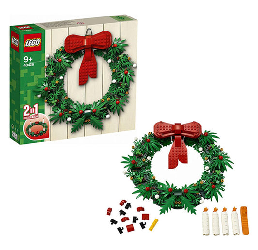 LEGO 40426 Christmas garland close-up showing red and green bricks for festive decor.