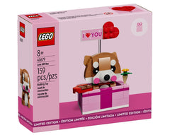 LEGO 40679 Love Gift Box shows heart balloon and dog, perfect for Valentine decor or gifting.