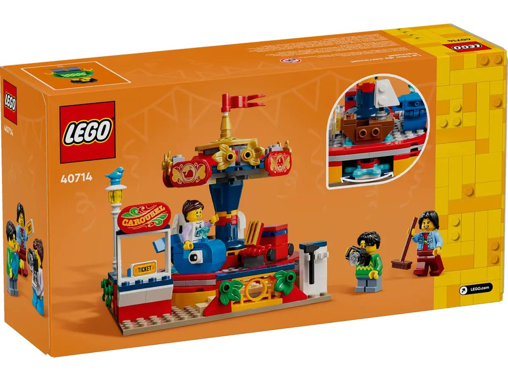 LEGO 40714 Carousel Ride side view showing swan and whale carts for storytelling.