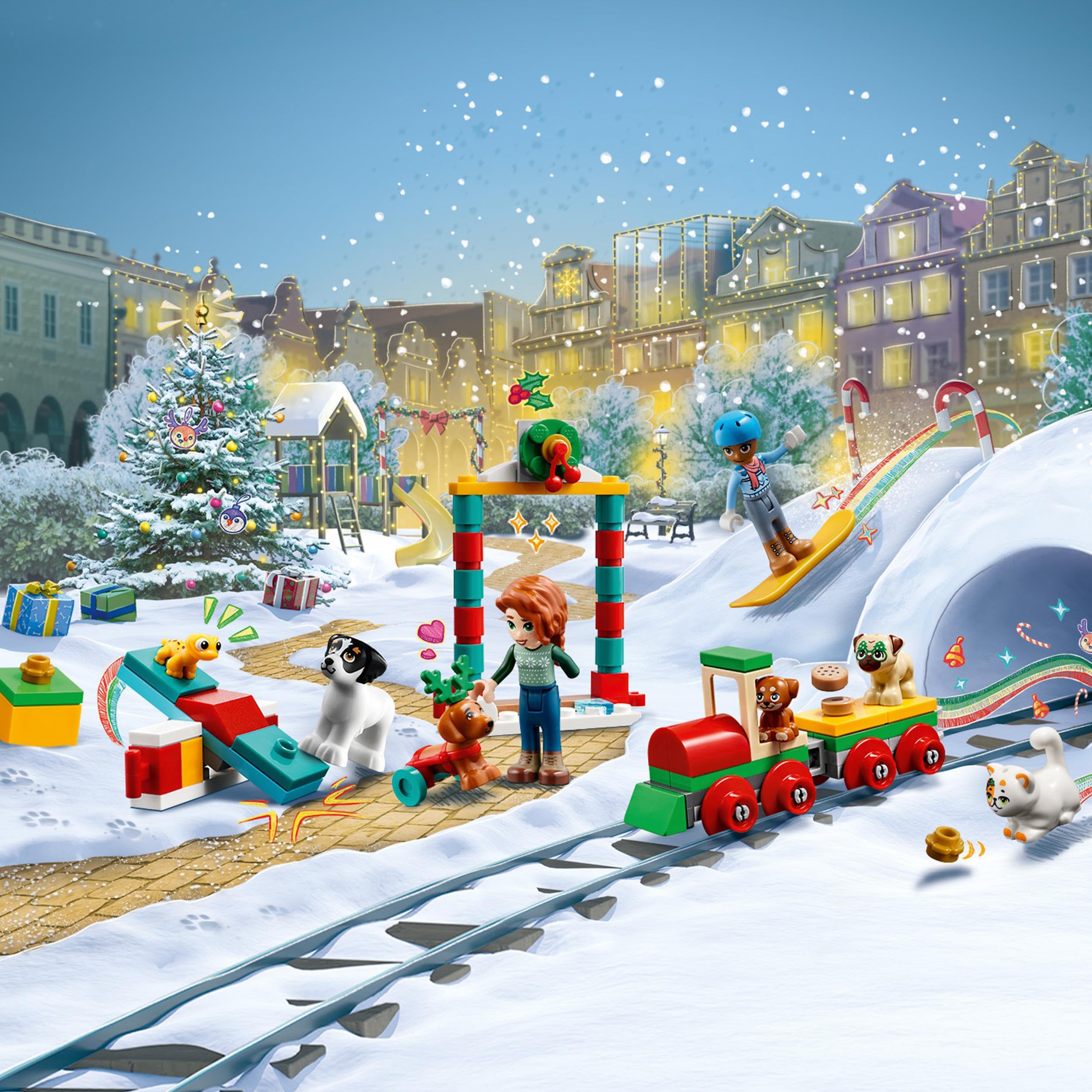 LEGO Friends Christmas train demonstrates festive storytelling on the track.