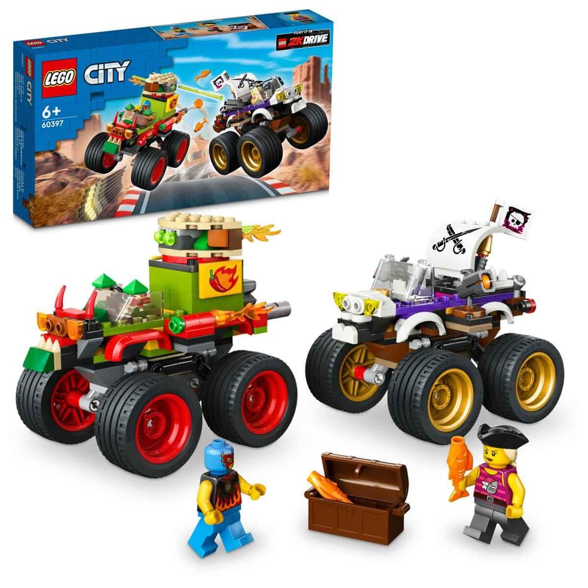 LEGO 60397 Monster Truck Race front view with two trucks ready to race.