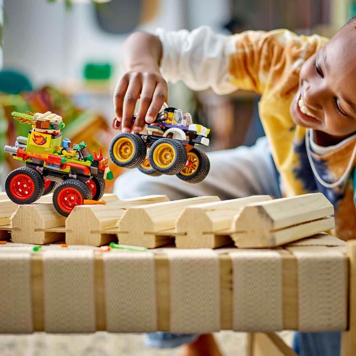 LEGO 60397 Race scene with taco and pirate trucks in action.