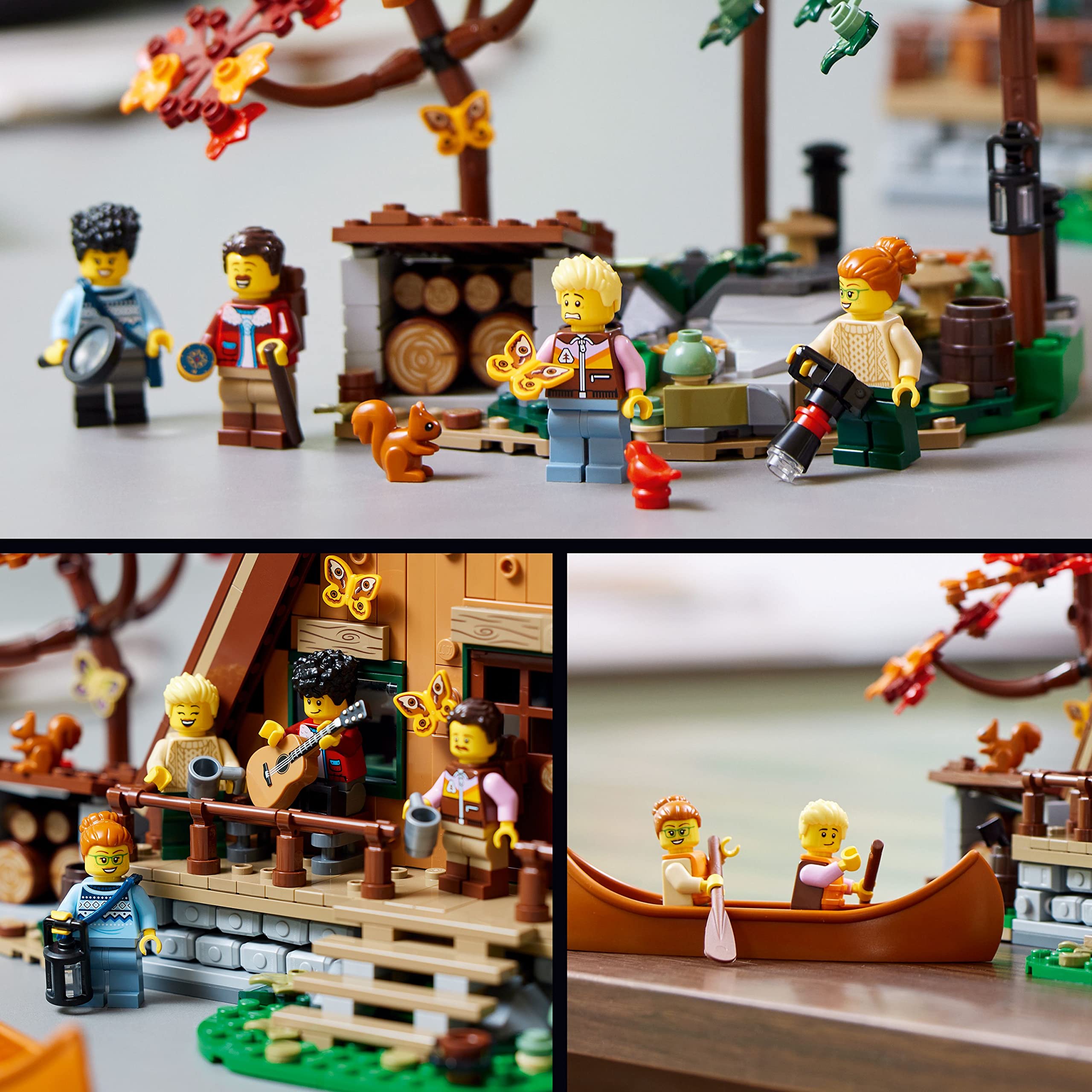LEGO Ideas A-Frame Cabin minifigures and animals enhance storytelling display.