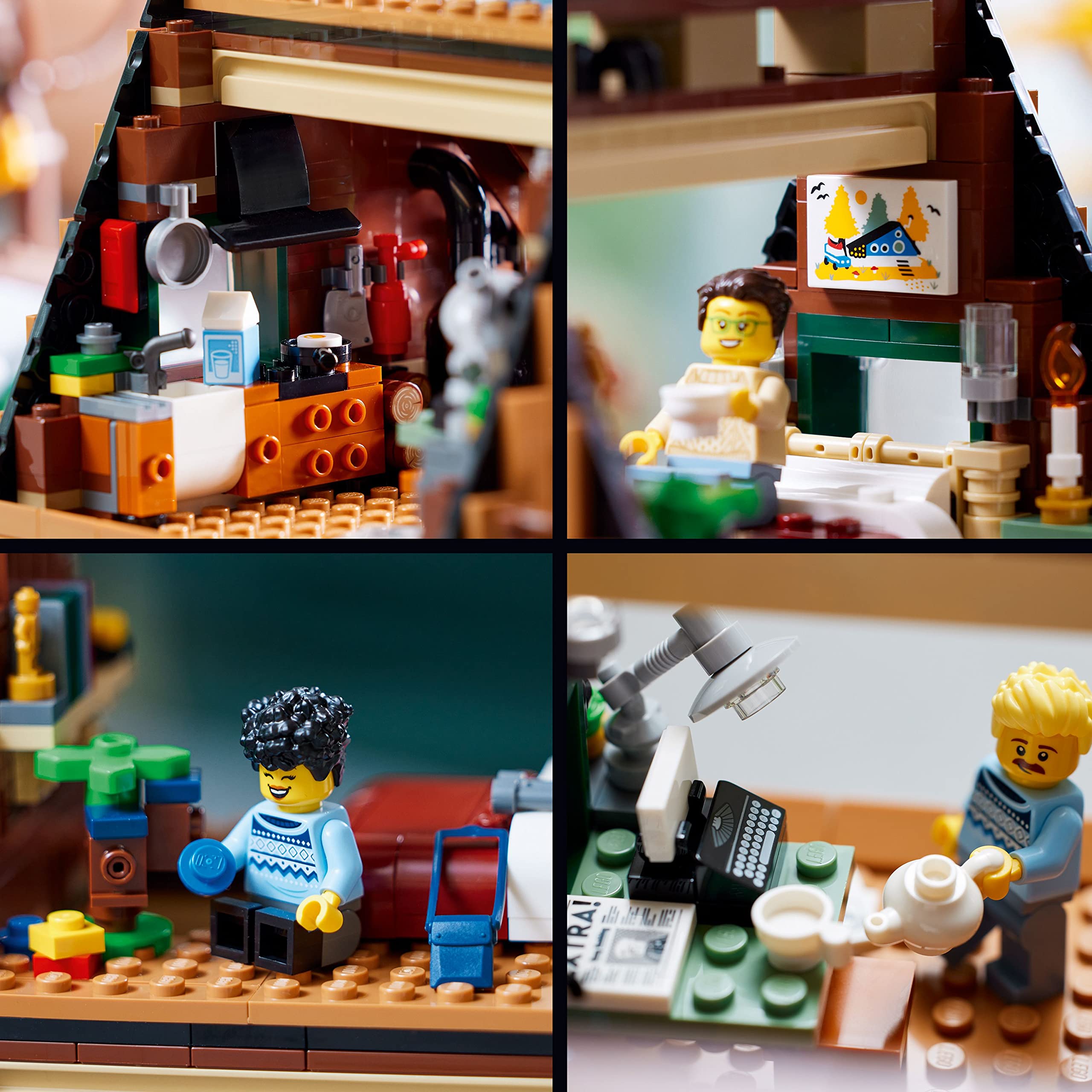 LEGO Ideas A-Frame Cabin roof detaches for easy interior access.