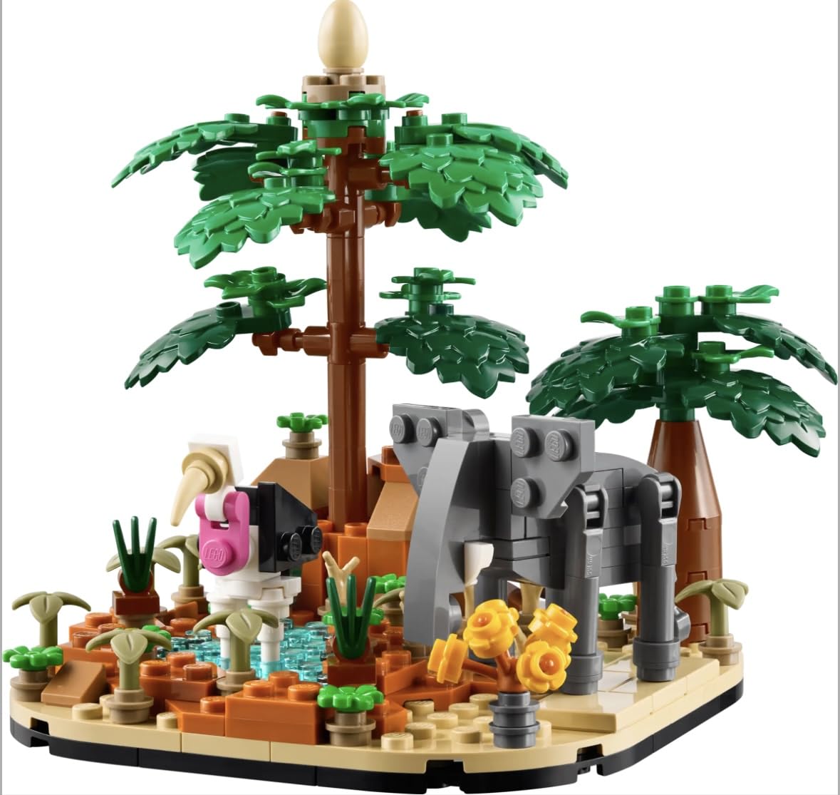 LEGO African Savanna Diorama 40784 with lush trees and water scene for imaginative play.