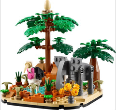 LEGO African Savanna Diorama 40784 with lush trees and water scene for imaginative play.