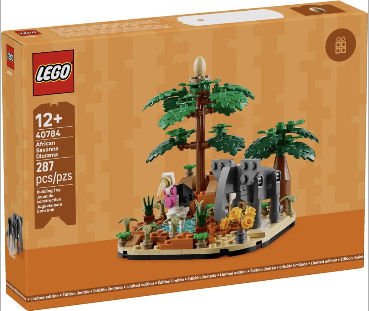 LEGO African Savanna Diorama 40784 features a young elephant figure for storytelling.