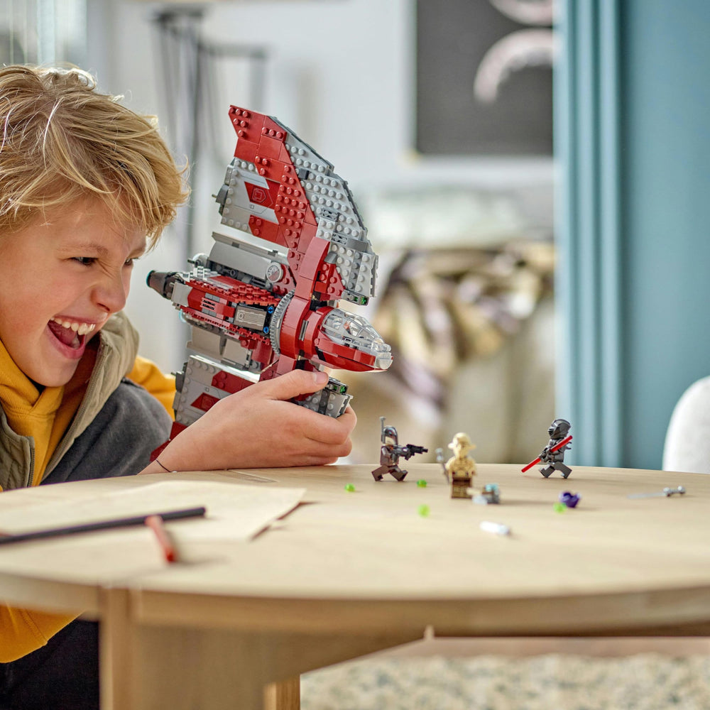 LEGO Ahsoka Tano's T-6 Jedi Shuttle landing gear retracts for flight mode.